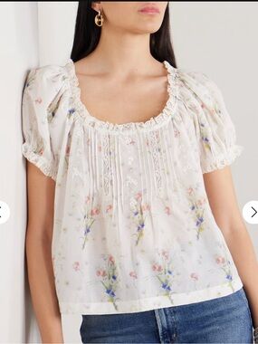 DÔEN Frederica lace-trimmed floral-print pintucked organic cotton blouse top/ NW